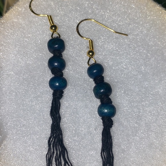 Dark Navy Blue Hand Crafted Macrame Tassel Fringe Earrings Wood Beaded Accents - Picture 5 of 9